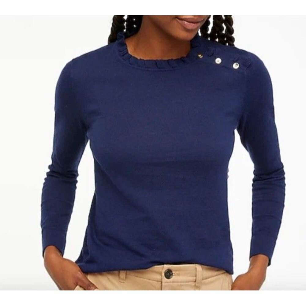 J. Crew Cotton Ruffle Sweater Navy Preppy Long Sleeve Medium